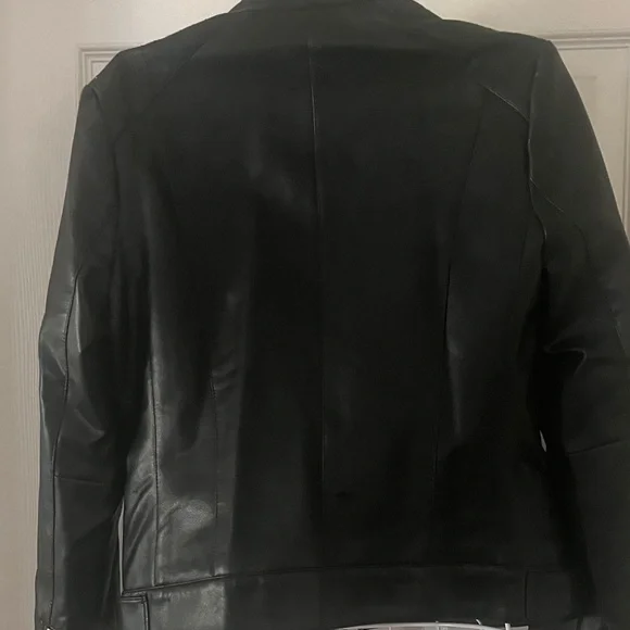 Cole Haan Black Leather Feel Biker Jacket with Gold Accents Zipper - Picture 4 of 13